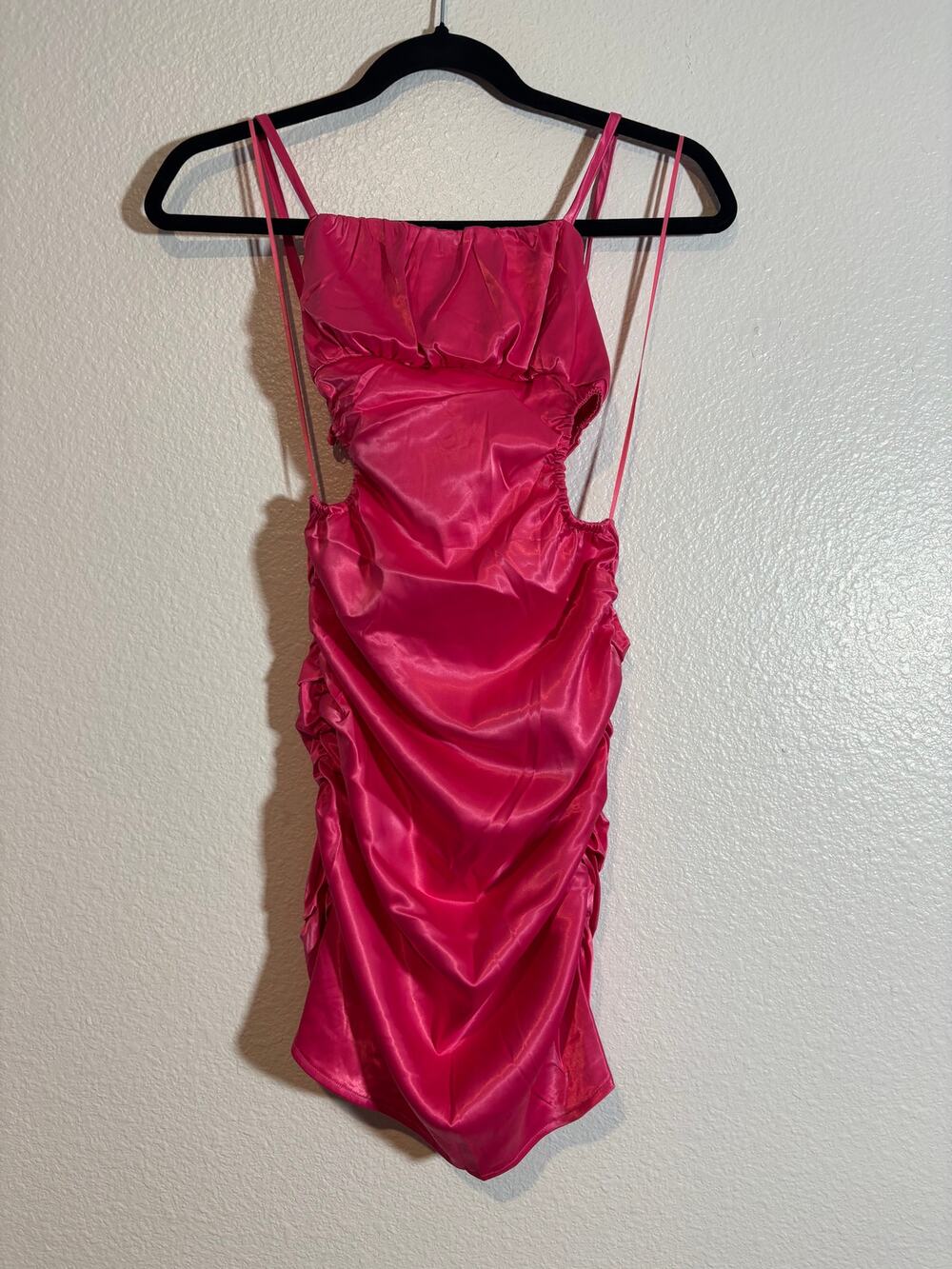 Sky to Moon NWOT Size S Hot Pink Satin Ruched Cutout Back Mini Dress Party Club